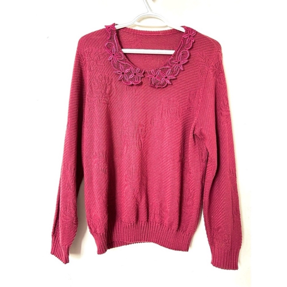 Vintage 80s Sweater Dusty Roae Knit Crochet Collar - Medium